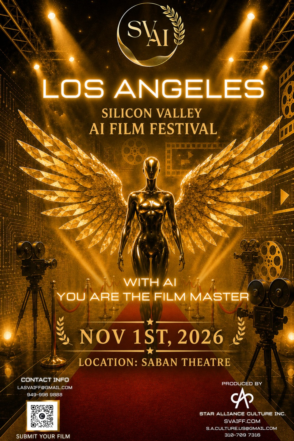 SVAIFF United Kingdom official poster — Silicon Valley AI Film Festival, United Kingdom. With AI you are the film master. November 1st, 2026 at the Saban Theatre. Contact lasvaiff@gmail.com, 949-996-9888. Produced by Star Alliance Culture Inc.